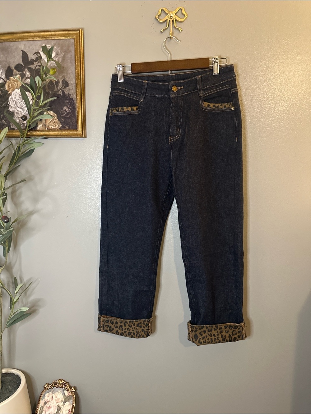 Leopard Cuff Capri Jeans L Dark Wash Stretch Denim Y2K Rockabilly - Picture 2 of 9